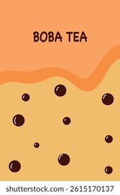 Bright bubble tee vector background. Splashes and spots of sweet tea with tapioca pearls. Summer illustration for postcards, wallpapers, textiles, banners