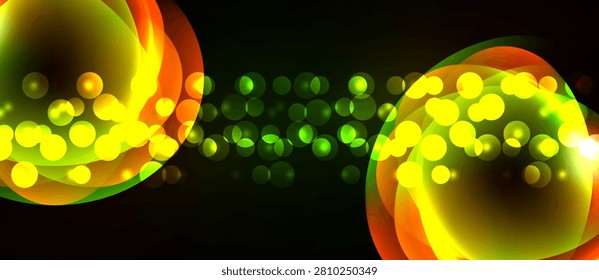 Bright bubbles, glowing orbs, vibrant colors. Abstract design with yellow, green, orange hues. Dark background enhances luminosity.
