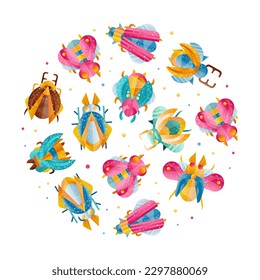 Bright Bugs and Beetle Insect with Wings Vector Circle Arrangement Template