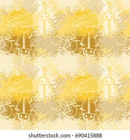 Bright bugs cartoon pattern on splashes of paint. Infinitely repeating motif . Vector illustration of doodle. Trendy hand drawn textures.
