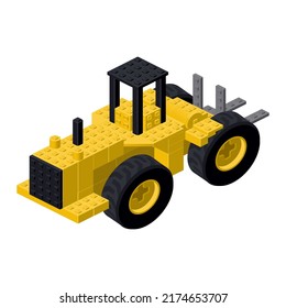 Buldócer luminoso montado a partir de bloques de plástico de estilo isométrico para juegos de papel, diseño y niños. Ilustración vectorial.