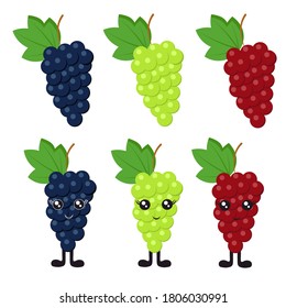 
Bright bunch of grapes with cute cartoon eyes and legs in flat style isolated on white background. Vegetarianism with berries and proper nutrition.
 Stock vector illustration for decoration, design