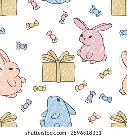 Bright bunnies, birthday gifts and confetti of candies on a white background. Cute seamless pattern with rabbits vector illustration. 