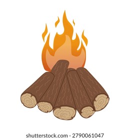 A bright burning bonfire with orange and yellow flames rising from brown wooden logs. This cozy outdoor campfire vector graphics is isolated on a blank background.