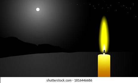Una brillante vela en llamas sobre el fondo de un paisaje nocturno con una luna blanca, el mar y la montaña EPS10