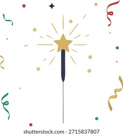 Ein heller, brennender Sternenfunkler, umgeben von bunten Streamern und Konfetti. Perfekt für Silvester, Geburtstage, Jubiläen, Feiertagsgrüße und das Design von Feierlichkeiten.