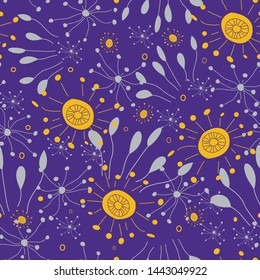 A bright burst of colors with doodle style flowers and plants. Perfect for fabric, wallpaper, scrapbooking and backgrounds. Vector image