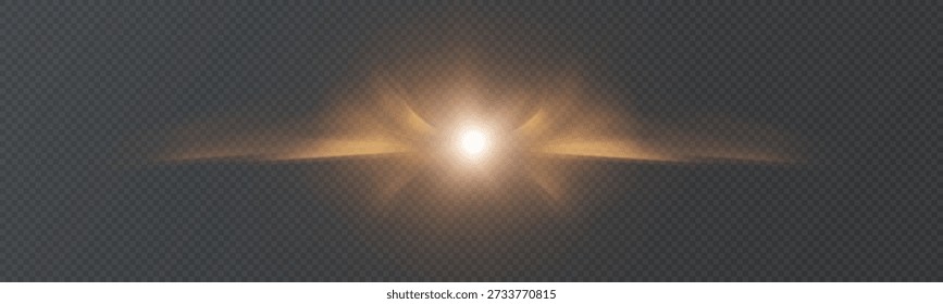 A bright burst of golden light with a horizontal flash stripe and soft rays, isolated on a transparent background. Flash effect for adding visual effects, magical explosions, and backlighting.