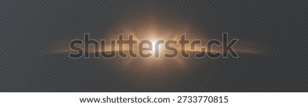 A bright burst of golden light with a horizontal flash stripe and soft rays, isolated on a transparent background. Flash effect for adding visual effects, magical explosions, and backlighting.