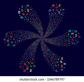 Bright Business Calculator explosion burst on a dark background. Suggestive burst created from scattered business calculator items.