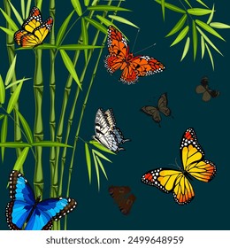 Bright butterflies and bamboo.Vector illustration with colorful butterflies and green bamboo on a colored background.