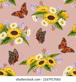 Bright butterflies and bouquets of flowers.