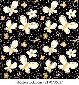 Bright butterflies with brush stripes on a dark background. Hand drawn seamless vector pattern in doodle style. Summer childish design for fabric, textile, wallpaper