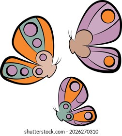 Bright butterflies in cartoon style. Three moths on a white background. Violet-orange butterflies. 