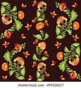 Bright butterflies and flowers on a dark background. The pattern in the square. The composition in folk style. Petrykivka. 