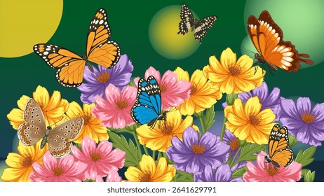 Bright butterflies flutter over vivid flowers in a detailed vector illustration. Rich colors and dynamic composition enhance visual appeal