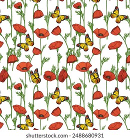 Bright butterflies on poppies.Vector pattern with butterflies and red poppies on a white background.