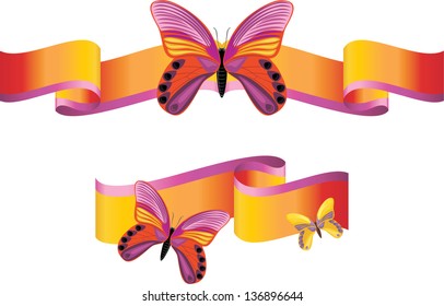 Bright butterflies on the shining ribbons. Vector