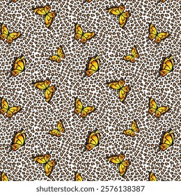 Bright butterflies on a spotted background.Vector seamless pattern with yellow butterflies on a leopard background.