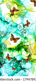 Bright butterflies on a watercolor multicolored background. Wallpaper for your phone. Mixed media. Vector illustration