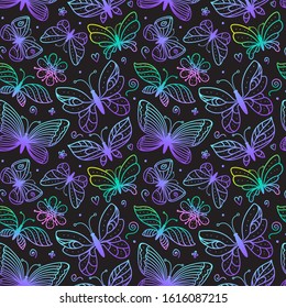 Bright butterflies seamless pattern. Coloring hand drawn line illustrations. Bright butterfly magic color sketch print on a dark background. Vector stock surface fashion design for girls