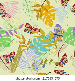 bright butterflies, tropical leaves. seamless pattern on a light background vector illustration. wallpaper ,textiles,print