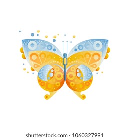 Bright butterfly with beautiful pattern on the wings. Blue and yellow. Original icon with gradients and texture. Flat vector element for postcard or notebook cover
