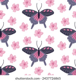 Mariposa brillante con patrón sin costuras de flor. Elementos de color dibujados a mano plana sobre fondo blanco. Diseño de impresión única para textil, papel pintado, interior, envoltura. Concepto de primavera