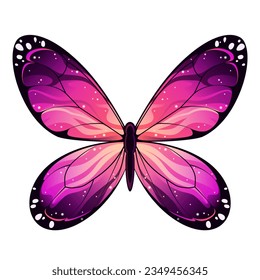 Una mariposa brillante con un patrón cósmico sobre un fondo blanco.
