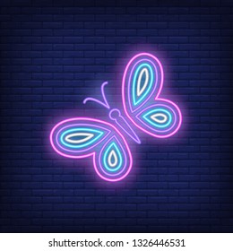 Bright butterfly neon sign. Nature, summer and beauty concept design. Night bright neon sign, colorful billboard, light banner. Vector illustration in neon style.