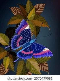 A bright butterfly on a branch.Vector illustration with bright blue butterfly on a branch with leaves.