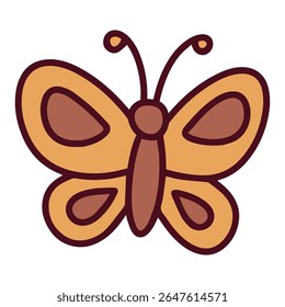 Bright butterfly with orange and brown wings and antennae. Cute insect character for kids' designs, decor, or educational use, cut out, cutout