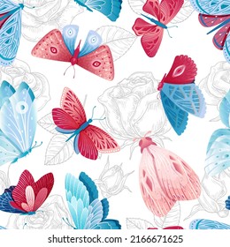 Bright butterfly and roses. Butterflies, sketch flowers and leaves seamless pattern. Romantic garden vector texture, floral nature background