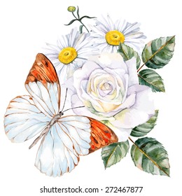 Bright butterfly, roses and daisies. Hand painted watercolor. Vector illustration.