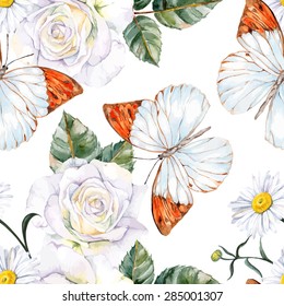 Bright butterfly, roses and daisies. Seamless, hand painted, watercolor pattern. Vector background
