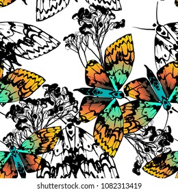 Bright butterfly textile pattern. Flower seamless. Abstract nature insect moth fabric for summer dress. Multicolor texture with bloom motiv on white background 
Trendy flower lined design.