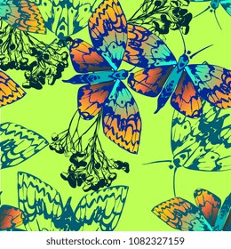 Bright butterfly textile pattern. Flower seamless. Abstract nature insect moth fabric for summer dress. Multicolor texture with bloom motiv on olive green background 
Trendy flower lined design.