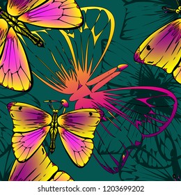 Bright butterfly textile pattern. insect seamless. Abstract nature moth fabric for summer dress. Multicolor texture with spring motiv on green background. Trendy design for gift wrap, wallpapers.