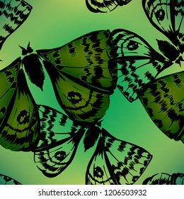 Bright butterfly textile pattern. insect seamless. Abstract nature moth fabric for summer dress. Multicolor texture with spring motiv on pistachio background. Trendy design for gift wrap, wallpapers.