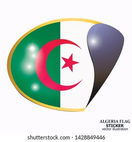 Bright button with flag of Algeria. Happy Algeria day background. Bright sticker with flag. Vector illustration.