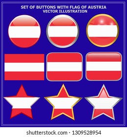 Bright buttons with flag of Austria. Happy Austria day set of buttons. Bright illustration with flag and blue background.