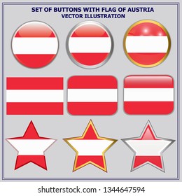 Bright buttons with flag of Austria. Happy Austria day set of buttons. Bright illustration with flag and grey background.