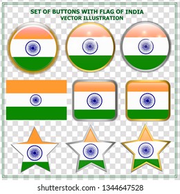 Bright buttons with flag of India. Happy India day background. Bright illustration with transparent background.