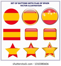Bright buttons with flag of Spain. Happy Spain day buttons. Colorful buttons with flag. Vector illustration.