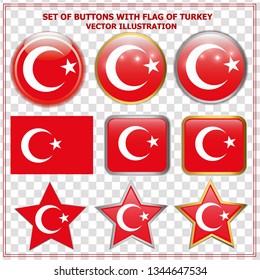 Bright buttons with flag of Turkey. Happy Turkey day buttons. Colorful buttons with flag. Vector illustration with transparen background..