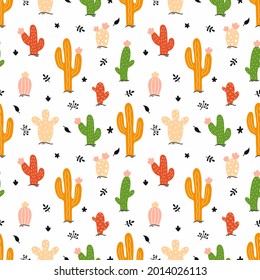 Bright cactus on white background. Seamless pattern for sewing children's clothing and printing on fabric. Vector illustration in doodle style.