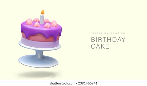 Bright cake with candle. Served birthday dessert. Festive sweet dish. Culinary masterpiece. Horizontal template with 3D modern illustration in cartoon style