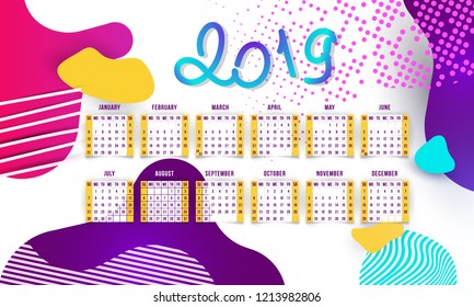 The bright calendar for 2019 is a white background and shapes with organic curves and shapes. Neon bright color for a youth, school calendar.