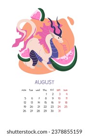 Bright calendar page design with Chinese dragon. Monthly schedule for August with symbol of new year 2024 and slices of ripe watermelon. Vector illustration of vertical planner on isolated background