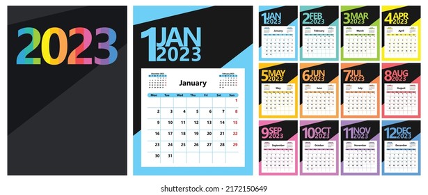 Bright calendar planner 2023 with months of different colors, basic template. The week starts on Monday. Vector illustration